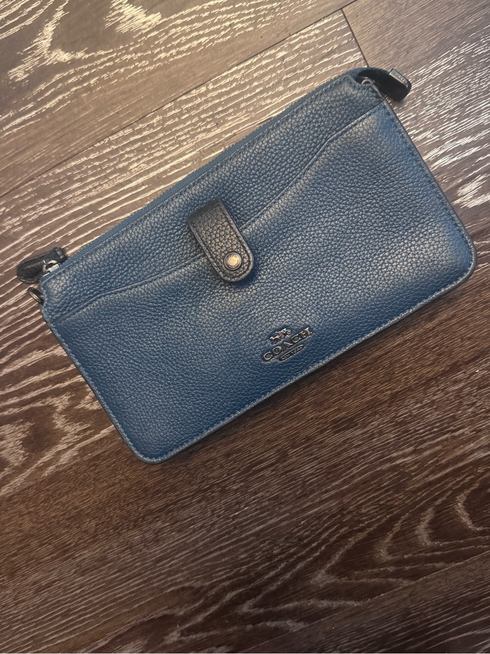 Coach Men's Navy Pebbled Leather Wristlet with Front Snap
